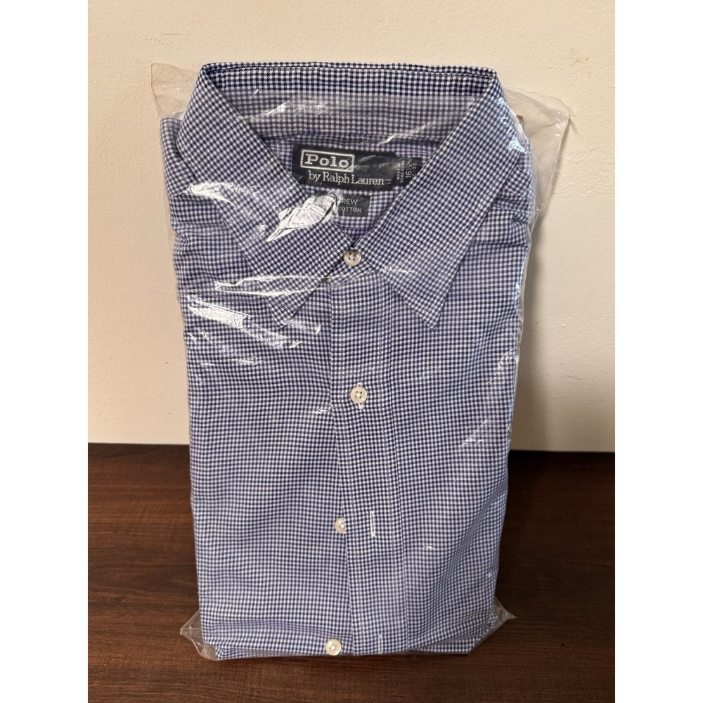 Polo Ralph Lauren Andrew Shirt 16 1/2 Blue Micro Gingham Plaid 100% Cotton